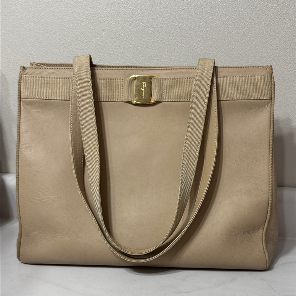 Salvatore Ferragamo Nude Beige Leather Tote with Gold-Tone Accent